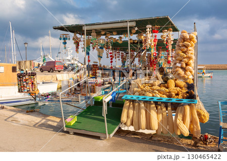 Souvenir stall in Chania harbor, Crete, Greece 130465422