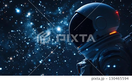An astronaut in a spacesuit glides through space, enveloped by a dazzling array of stars in the background 130465594