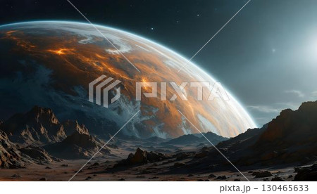 A mesmerizing alien landscape highlighted by a distant planet, surrounded by the beauty of the cosmos 130465633