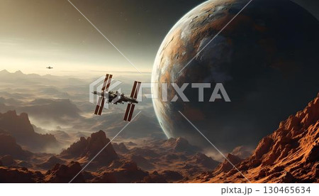 An enchanting alien environment with a distant planet, set against a beautiful and colorful space backdrop 130465634