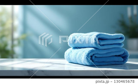 A clean stack of blue towels placed on a blue counter, representing tidiness and a fresh environment 130465678