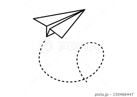 Paper airplane in flight with upward loop and curve. Black line art of free travel and air motion 130466447
