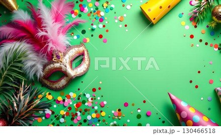 Masquerade mask and colorful confetti arranged on a green background, creating a festive carnival flat lay scene 130466518