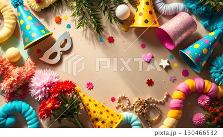 Colorful party hats and decorations arranged on a beige background, perfect for a vibrant street party atmosphere 130466532