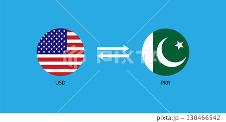 USD to PKR Currency Exchange Illustration with American and Pakistan Round Flags Icon. 130466542