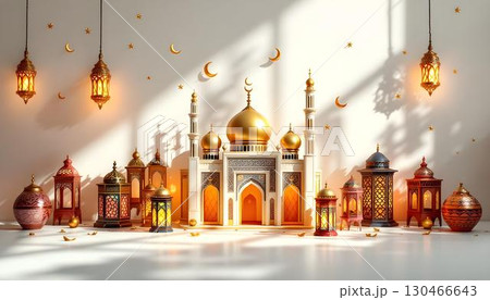 3D rendering of Islamic architecture featuring golden lanterns and a crescent moon, set against a Ramadan-themed background 130466643