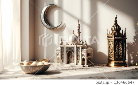 A stunning crescent moon above ornate Islamic architecture, capturing the essence of Ramadan celebrations A stunning crescent moon above ornate Islamic architecture, capturing the essence of Ramadan celebrations 130466647
