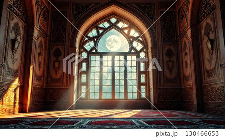 A spacious mosque interior with a large window, sunbeams illuminating the room during Ramadan 130466653