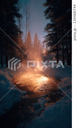 Hidden hot spring in snowy forest with rising steam and warm glowing light at dusk Hidden hot spring in snowy forest with rising steam and warm glowing light at dusk 130466744