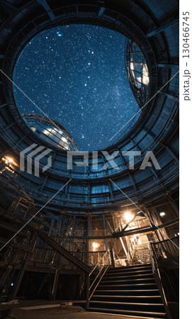 Large telescope observatory dome interior with metal stairs starry night sky, futuristic mood Large telescope observatory dome interior with metal stairs starry night sky, futuristic mood 130466745