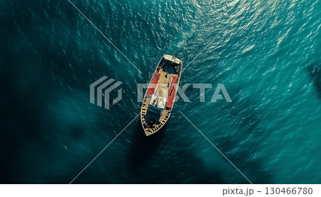 Fishing boat aerial view blue water clear for catch fish Fishing boat aerial view blue water clear for catch fish 130466780