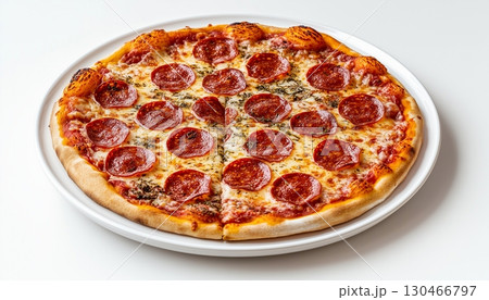 Pepperoni pizza with sausage slice, cheese and tomato, on white table 130466797