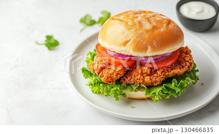 Fried chicken sandwich meal with bun bread and lettuce on white plate Fried chicken sandwich meal with bun bread and lettuce on white plate 130466835