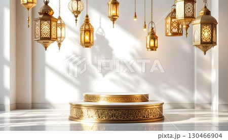 An empty luxury stage adorned with gold decorations and potted plants, set for a Ramadan celebration 130466904