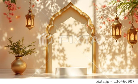 A sophisticated Arabic stage aglow with golden lights and lamps, equipped with a podium for Ramadan festivities 130466907