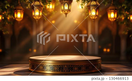 A beautifully designed Arabic stage with golden lamps and lights, showcasing a podium for a Ramadan event 130466913