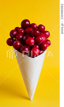 Fresh red cranberries on paper cone closeup yellow background 130466982