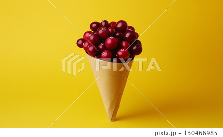 Fresh red cranberries on paper cone closeup yellow background 130466985