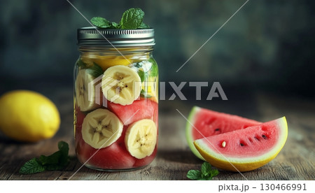 A glass jar filled with banana slices, orange and watermelon in wooden table 130466991