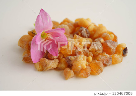 Frankincense or olibanum aromatic resin isolated on white background used in incense and perfumes. 130467009