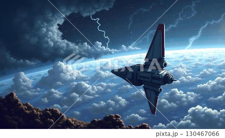A pixel art representation of a spaceship soaring above Earth, set against a backdrop of colorful planets in the cosmic expanse 130467066