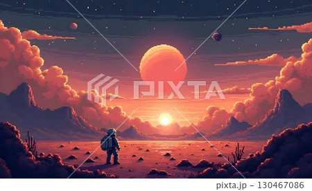 Pixel art depiction of an astronaut taking a photo of a sunset, with the sun casting a warm glow in the background 130467086