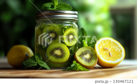 A glass jar filled with kiwi slices, lemon and mint in wooden table in wooden table 130467121