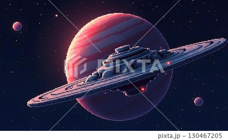 A pixel art spaceship journeying through a starry expanse filled with bright planets 130467205