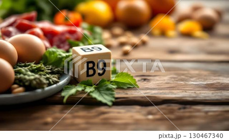 A variety of nutritious foods showcasing vitamin B9, an essential nutrient significant for overall health and well-being 130467340