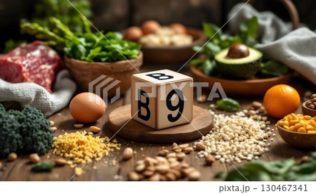 A visual illustration of healthy foods that provide vitamin B9, an important nutrient for bodily functions 130467341