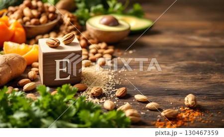 The letter e surrounded by an assortment of nuts, vegetables, and fruits, symbolizing healthy food rich in vitamin E The letter e surrounded by an assortment of nuts, vegetables, and fruits, symbolizing healthy food rich in vitamin E 130467359