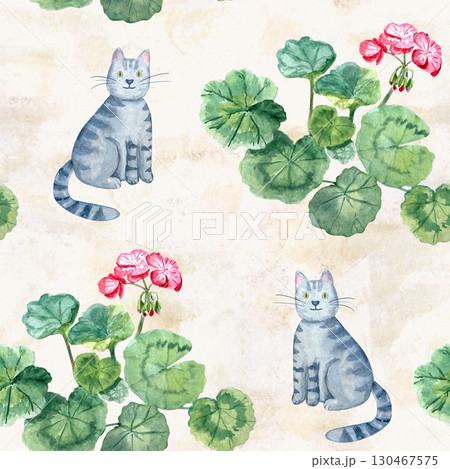 Gray tabby cats, green geranium leaves, and pink flowers watercolor seamless pattern on beige background . Delicate and playful composition for fabric, wallpaper, packaging, and decorative stationery 130467575