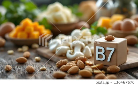 Array of nutritious foods high in vitamin B7, illustrating its role in combating inflammation and supporting well-being 130467670