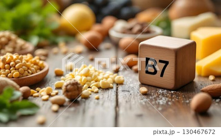 Display of healthy foods containing vitamin B7, emphasizing its importance in inflammation reduction and health improvement Display of healthy foods containing vitamin B7, emphasizing its importance in inflammation reduction and health improvement 130467672