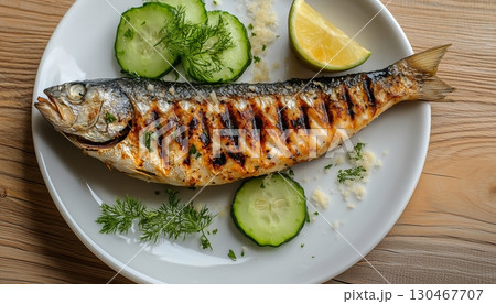 Fish grilled healthy real food homemade with cucumber slice on white plate 130467707