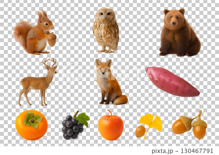 秋の動物と果物のリアル写真風透過素材セット 130467791