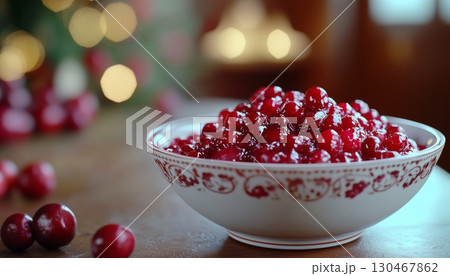 Cranberry sauce jelly sweet jam on bowl blurred background 130467862