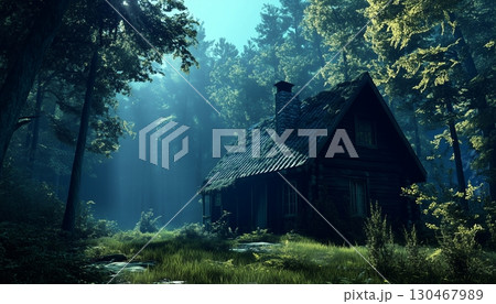 Dark house villa in forest scary mystery building blue dramatic effect 130467989