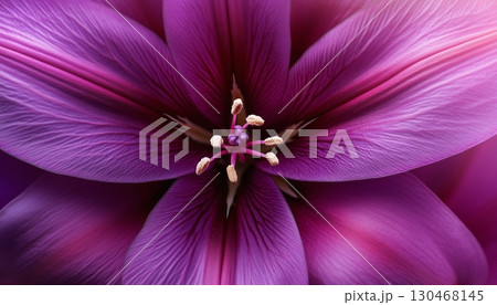 Purple lily flower extreme closeup macro photo detail foliage petal surface 130468145