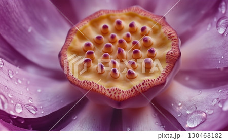 Lotus pink flower macro photo closeup foliage petal nature background 130468182