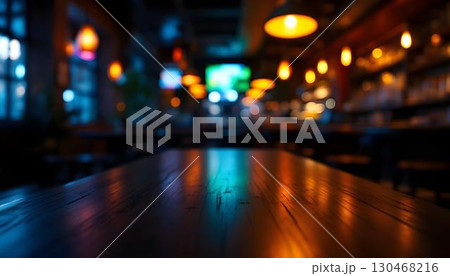 A cafe scene showcasing an empty table with blurred lights behind it, ideal for a product display mockup 130468216