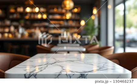 Elegant marble table in a restaurant, empty and showcased against a blurred bokeh background for a product mockup Elegant marble table in a restaurant, empty and showcased against a blurred bokeh background for a product mockup 130468237