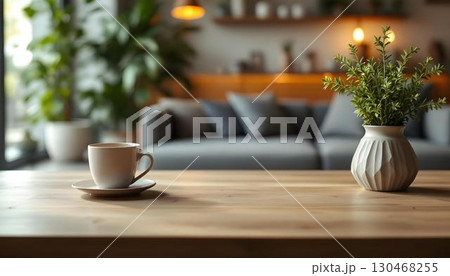 An empty wooden table in a blurred living room, positioned in front of a couch, ideal for product display mockups 130468255