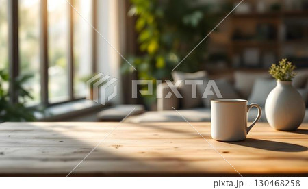 An empty wooden table positioned before a couch in a blurred living room, perfect for showcasing product mockups 130468258