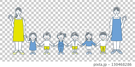 一個女孩和男孩幼兒園兒童和保育老師微笑著手牽手的插畫素材 130468286