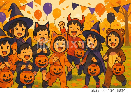 ハロウィンを楽しむ子どもたち・秋の仮装パレード 130468304