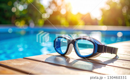 夏の屋外プールサイドに置かれた青い水泳用ゴーグル 130468331
