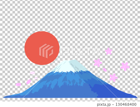 Illustration of Mount Fuji with the rising sun and cherry blossoms dancing Illustration of Mount Fuji with the rising sun and cherry blossoms dancing 130468400