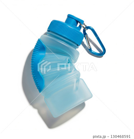 Collapsible blue water bottle with carabiner clip 130468591
