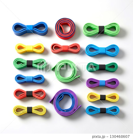 Colorful resistance bands arranged on white background 130468607